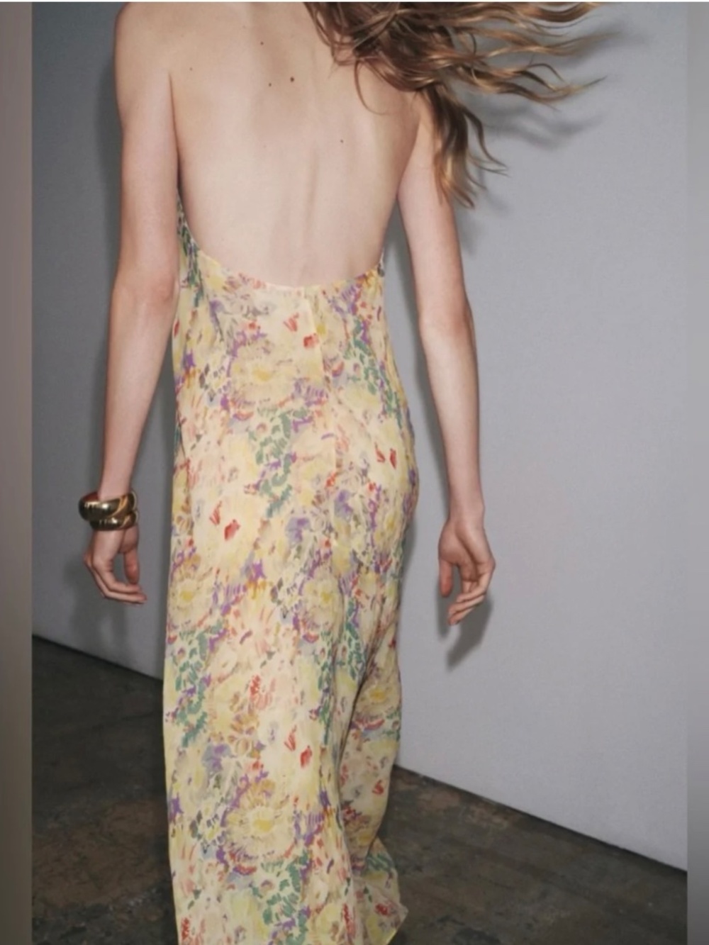 ZARA ZW Collection Floral Halter Maxi Dress Open Back Yellow NWT M - Picture 6 of 12